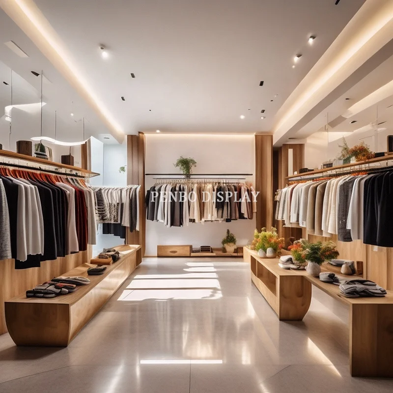 custom.Wood Wall Display Shelf with Hanger Pretty Garment Racks and Clothes Display Stand Retail Clothing Store Furniture