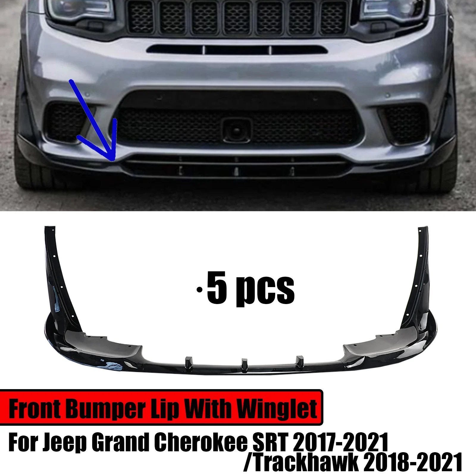 For Jeep Grand Cherokee SRT 2017-2021/Trackhawk 2018-2021 5PCS Front Bumper Lip With Winglet Carbon Fiber Style Glossy Black