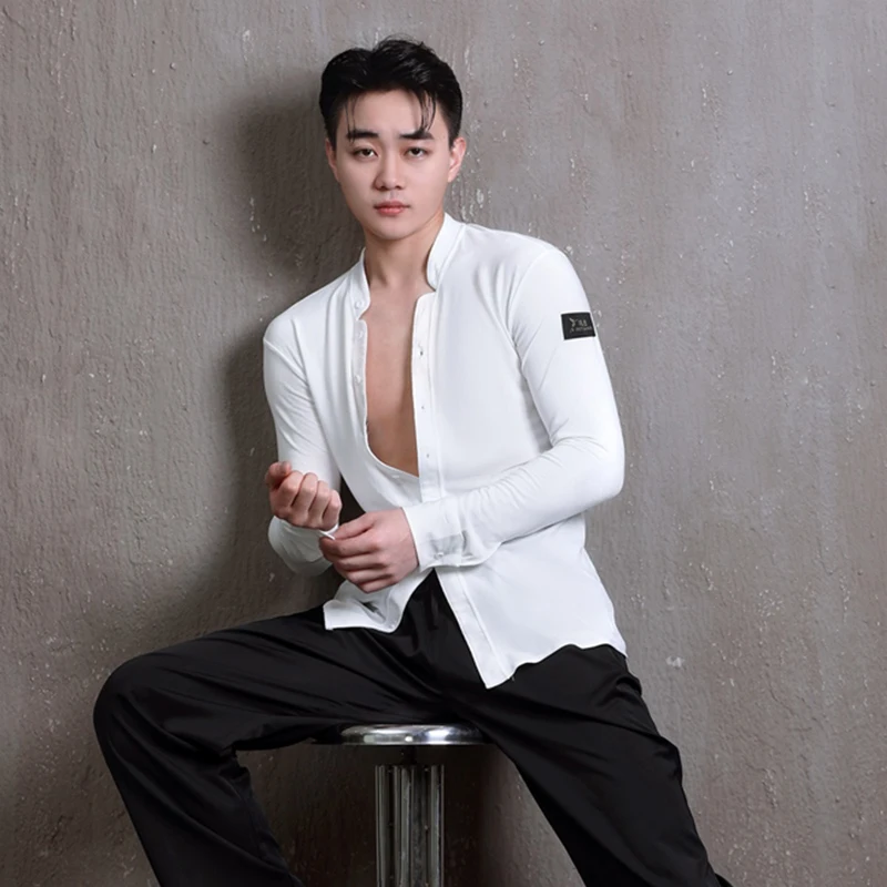 Man Latin Dance Shirt Black Long Sleeve Top Ballroom Performance Outfit White Short Sleeve Shirts Male Training Dancewear 3620