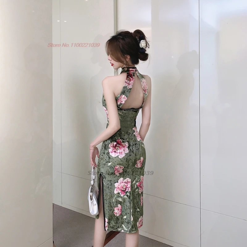 Vestido sexy chino cheongsam mejorado con estampado de flores nacionales, qipao de terciopelo elástico para discoteca, vestido de noche para banquete 2024