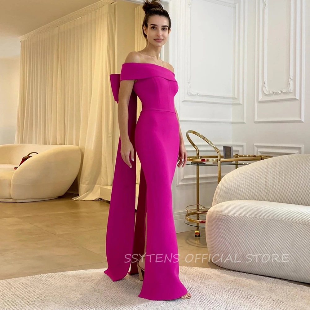 

Elegant Fuschia Mermaid Party Dresses Wedding Off Shoulder Satin Event Prom Gowns Bow Back Formal Evening Dress Botton Summer