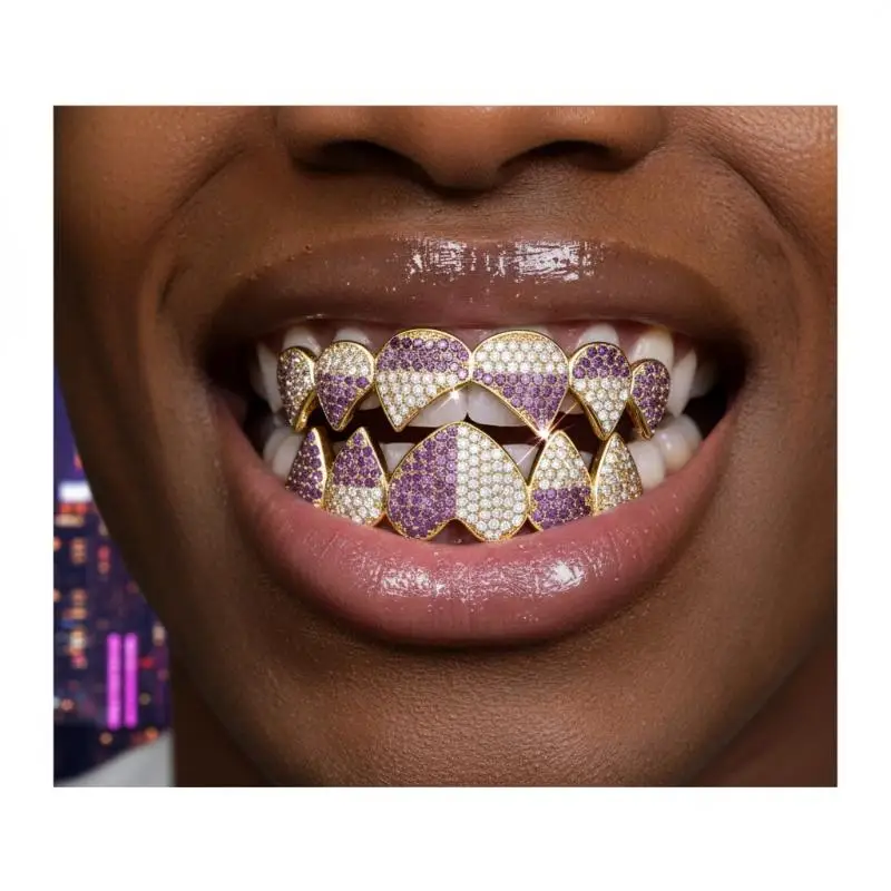 Eco-Friendly Nickel-Free Iced Out Heart Grillz Trendy Hip Hop Teeth Decor for Christmas New Year Holiday Wear