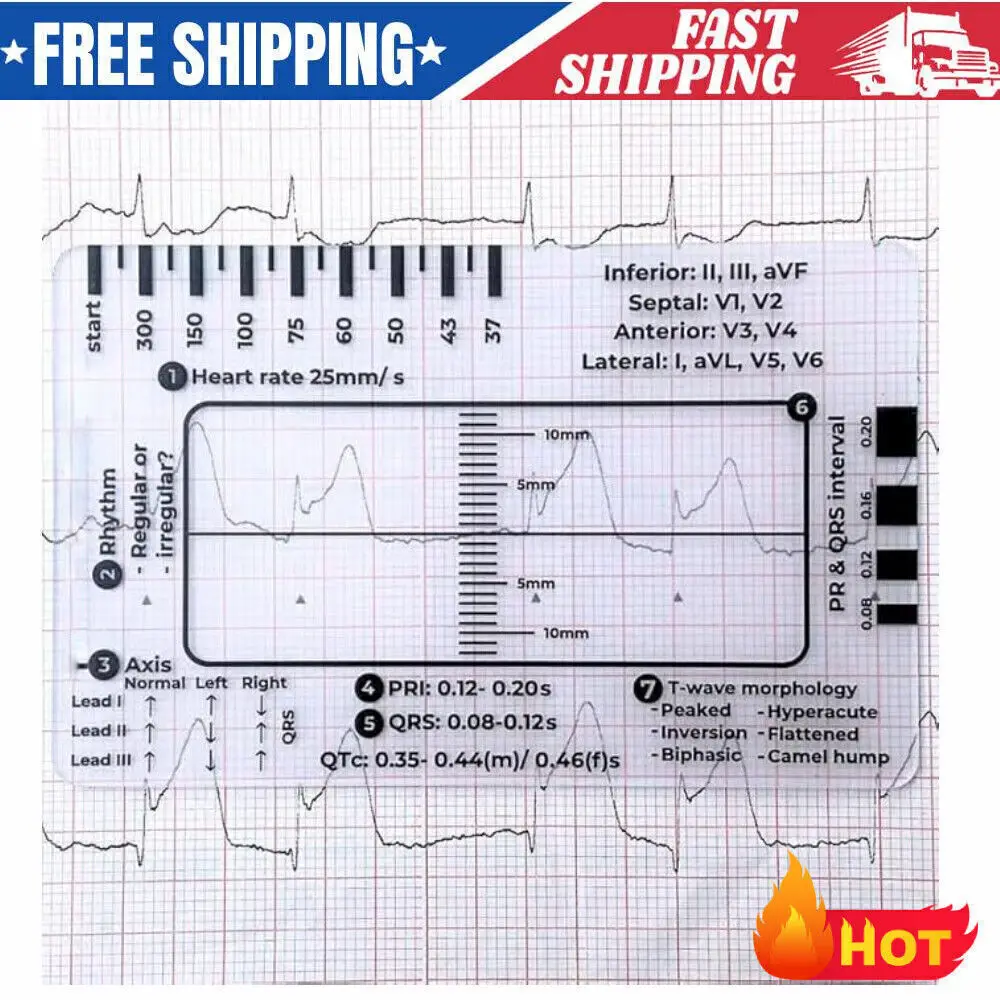 ECG 7 Step Ruler for ECG/EKG Interpretation,Transparent Calipers Measuring Tool