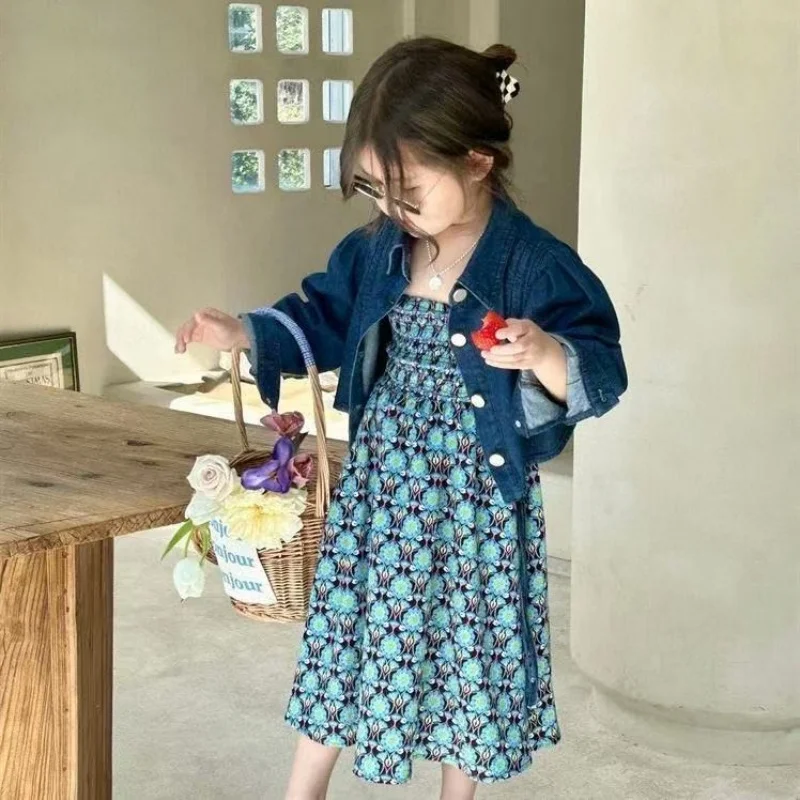 

Girls Casual Dresses Girl Summer New Korean Holiday Style Blue Printed Halter Princess Dresses 2-7 Years Baby Girl Clothes