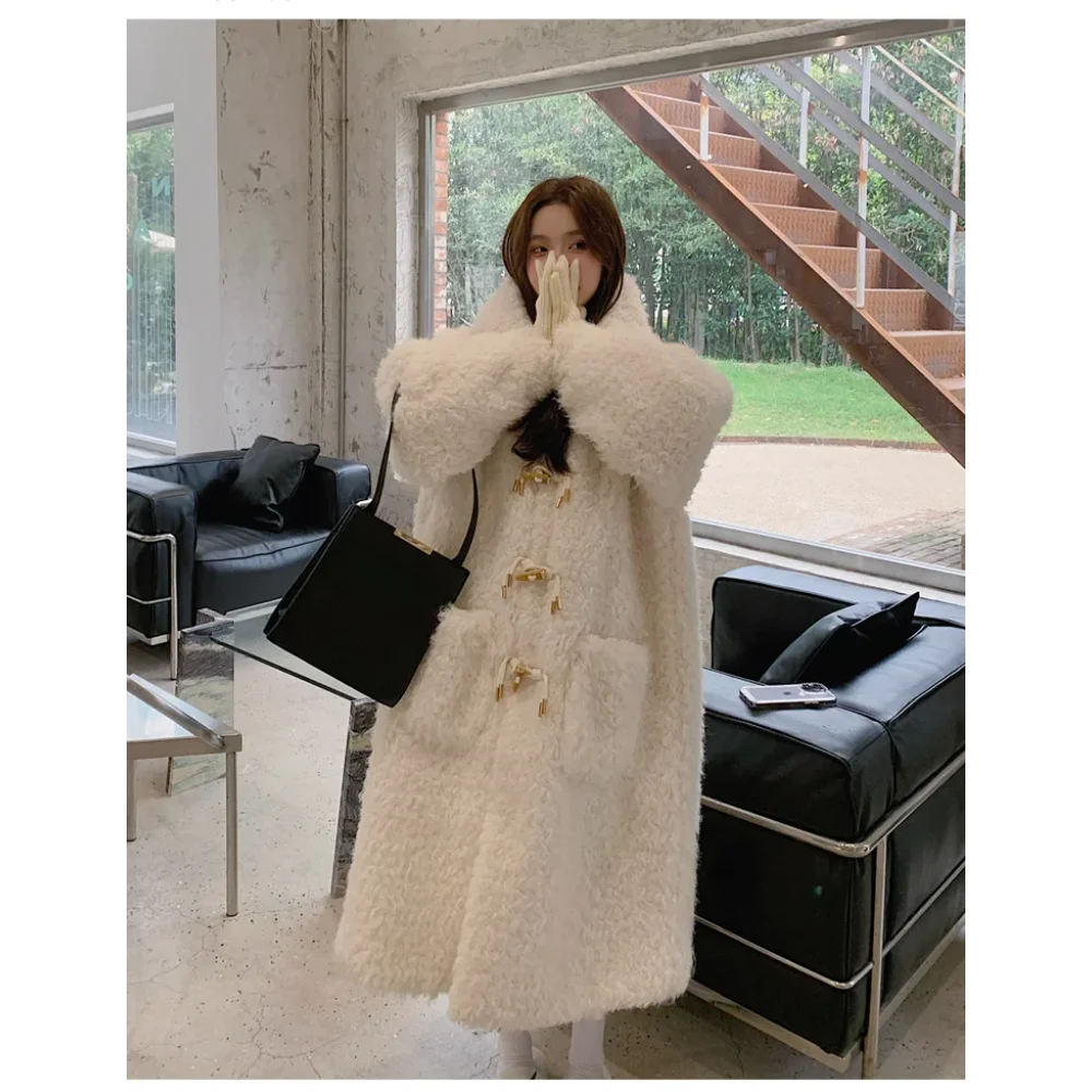 Nuovo 2025 Autunno Inverno Giubbotti Donna Cappotti di pelliccia di lana sintetica Y2k Cappotti lunghi Con cappuccio Maniche lunghe Singolo corno Petto Spessore Allentato