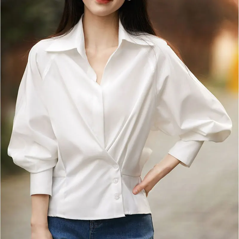 

Elegant Fashion Harajuku Slim Fit Female Clothes Loose Casual All Match Tops Women Solid Lapel Collar Button Long Sleeve Blusa