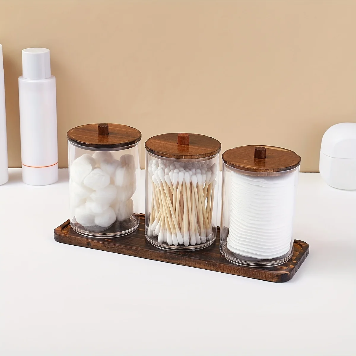 3 Pack Swab/Ball/Pad Holder with Wooden Tray, Qtip Apothecary Jar, Clear Bathroom Containers Dispenser for Storage