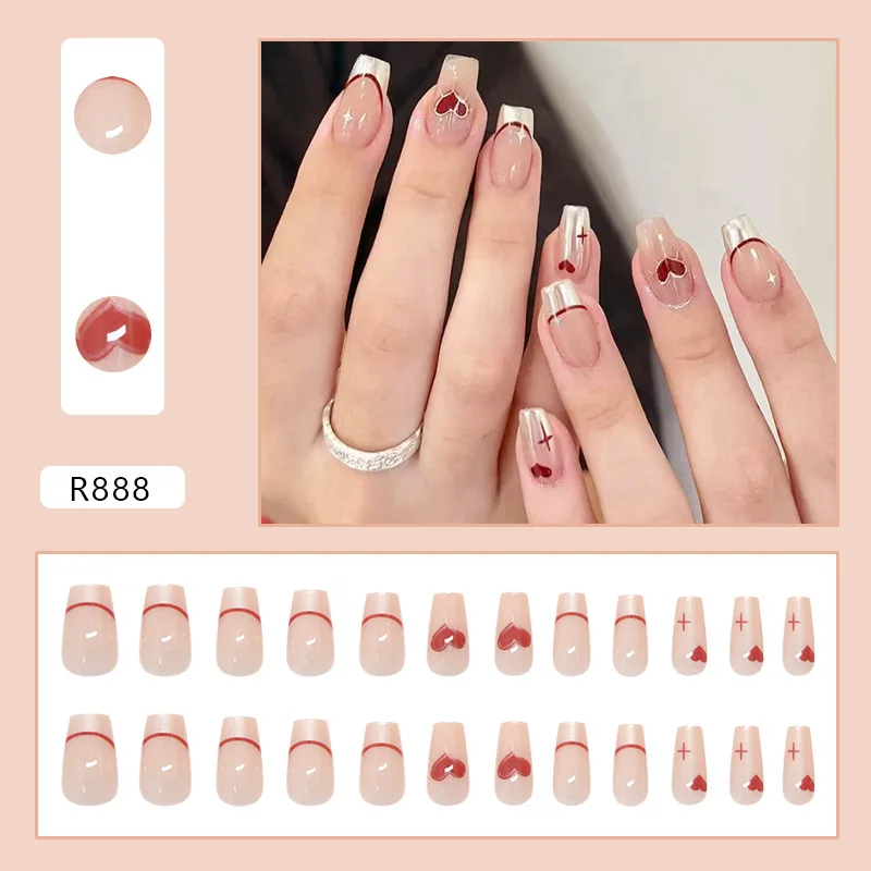 

24pcs Medium Coffin Press-On Nails - Luxe French Red Hearts With Silver Outline Minimalist Elegance (Multi-Size Fit)