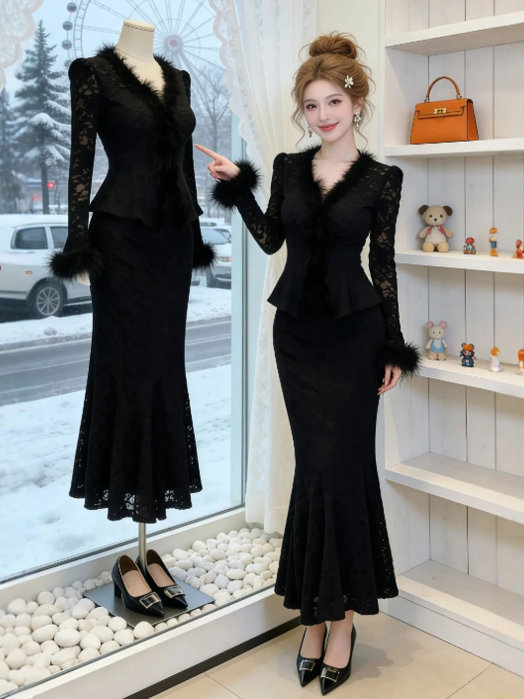 

Ele V-ne Top And Fi-tail Skirt Two-piece Set Lady-like Sle ort Sve High-waist Cotton Blend Faion Ensemble