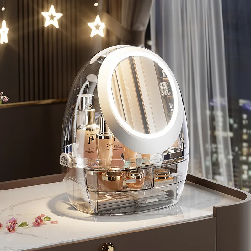 

New Deluxe Transparent Storage Box with Mirror Light Emitting Diode Plastic Cosmetic Storage Jewelry Cosmetic