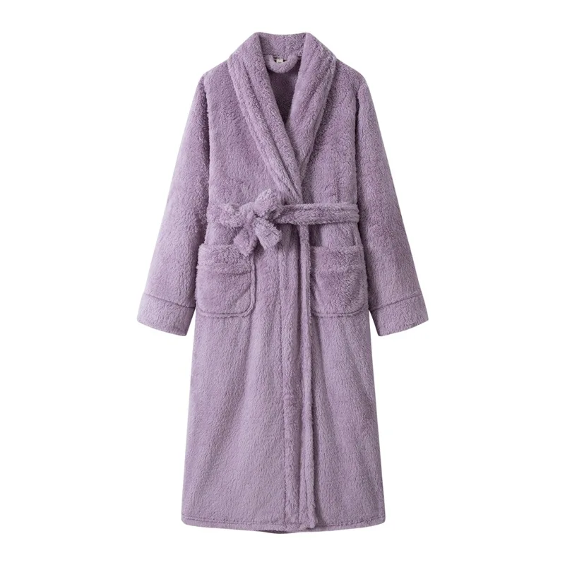 Elegant Pink Robe Flannel Kimono Gown Women Long Sleeve Bathrobe Autumn Winter Warm Sleepwear Loungewear with Pocket Nightgown