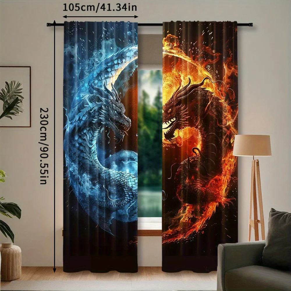 2pcs Dragon Rod Pocket Curtains, Woven Polyester Pongee Blackout Panels, Tai Chi and Fire Pattern, Semi-Sheer Embossed Window Dr