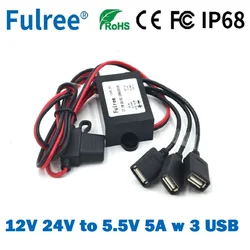 3 Ports Triple USB Plug 12V 24V to 5.5V 5A DC DC Step Down Buck Power Converter Car Phone Charger Multiple Female Adapter