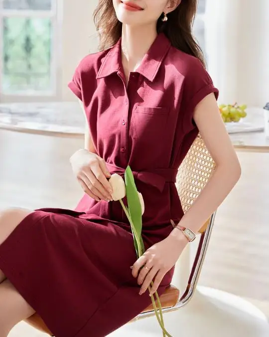 Vestido feminino de alta qualidade verão 2025, uma saia camisa casual elegante com temperamento emagrecedor