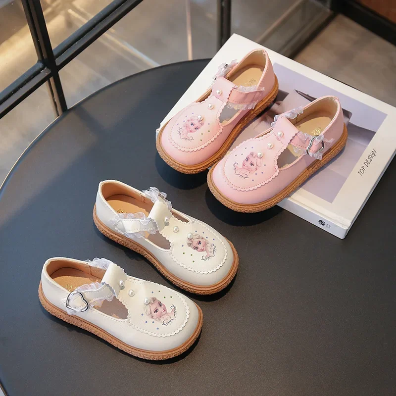 Disney crianças meninas sapatos casuais de couro primavera congelado princesa meninas sola macia antiderrapante sapatos de bebê lolita meninas