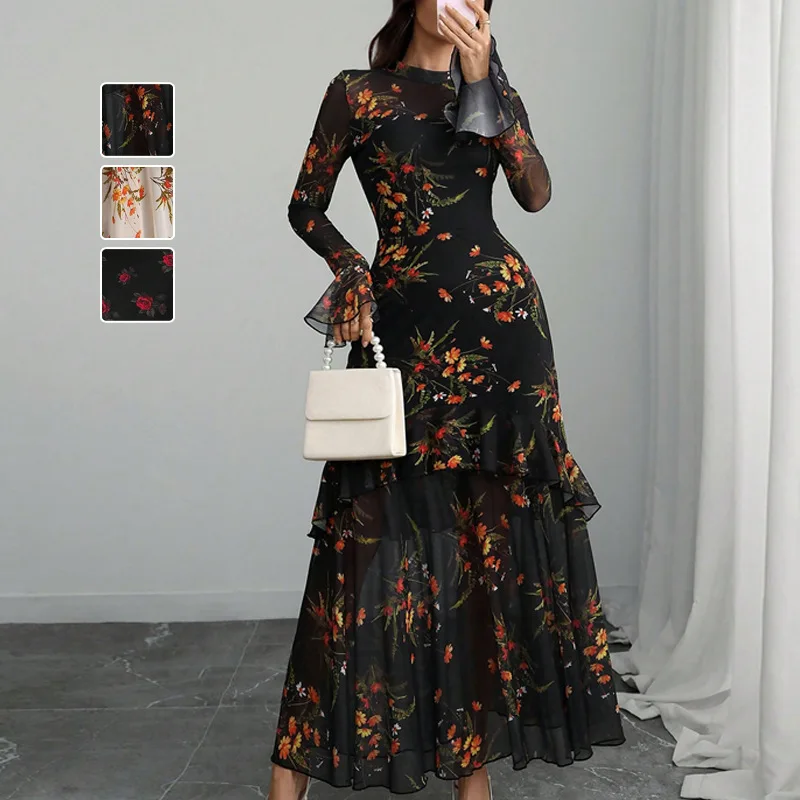 

Women Flower Printed Maxi Dress Elegant Autumn Fashion New Flare Sleeve Ruffle Dresses Female Evening Party Dress Robe Vestidos