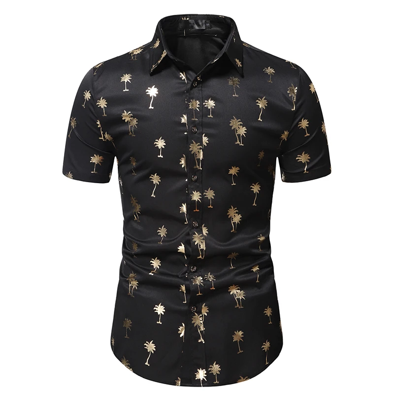 

Mens Nightclub Shiny Gold Coconut Tree Print Dress Shirts Hipster Slim Button Down Party Shirt Men Short Sleeve Camisa Masculina