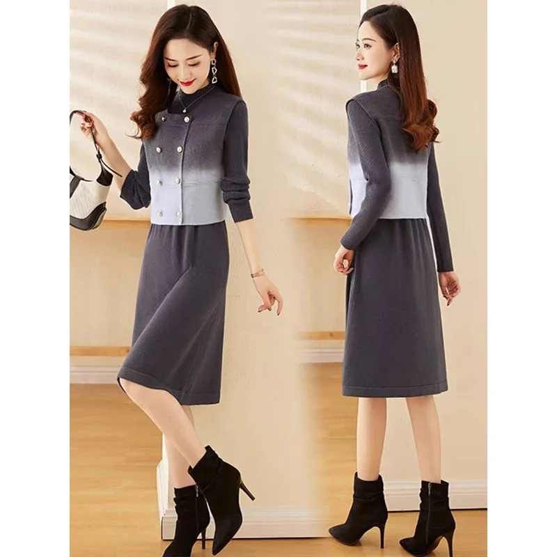 Women Slim Exquisite Fashionable Dress Sets 2024 Autumn Winter Commute Elegant O-neck Gradient Soft Thick Warm Knitted Dress