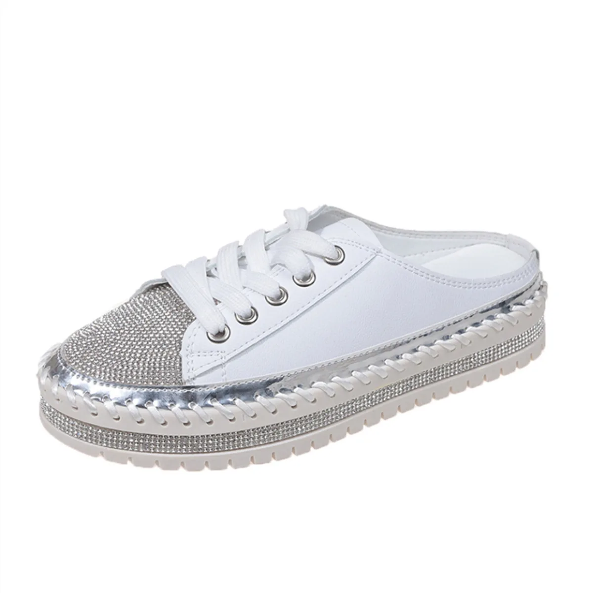 Sapatos casuais de toe redondo para mulheres, tênis femininos, slip-on de pele, tamancos de cristal, vestido de plataforma, mocassins de strass, outono