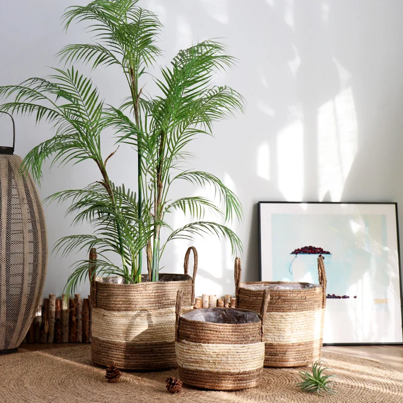  Special Living Room Large Pots for Plants Natural Rattan Woven Flower Pot Waterproof Lining Bonsai Pot Multi-scene Suitable