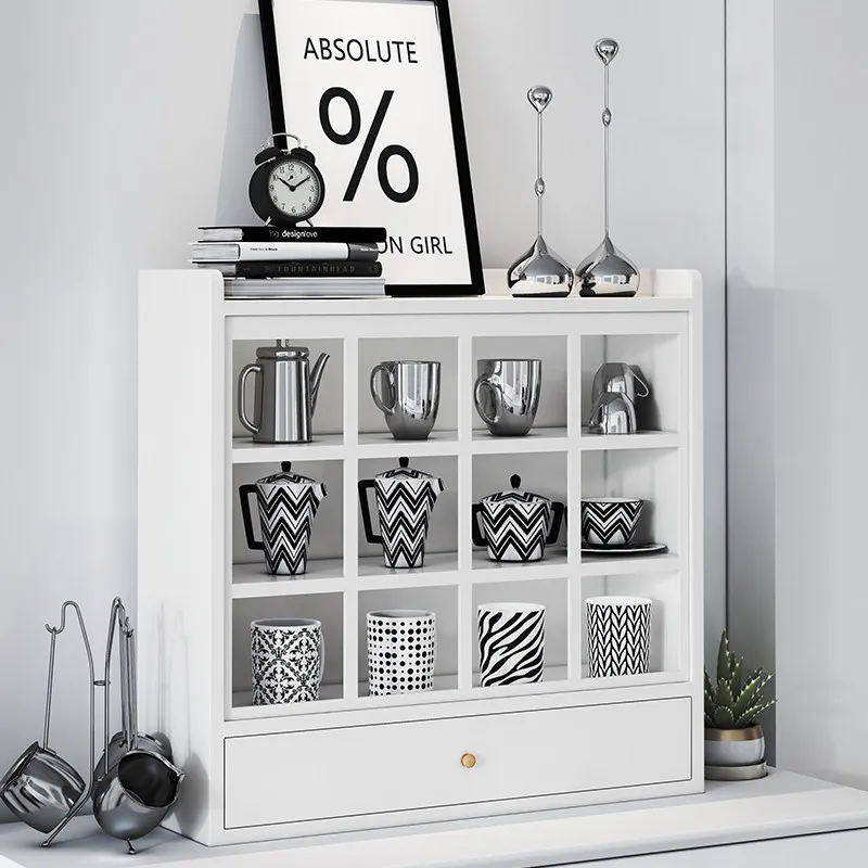 Nordic white Internet celebrity cup storage cabinet tea cup holder desktop multi-layer lattice blind box perfume rack with drawe