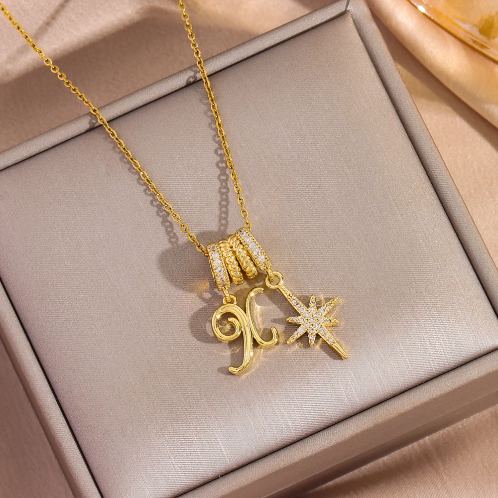 Top Luxury 18K Gold Plated Zircon Crystal Charm Pendant Necklaces For Women Female Daily Wear Stainless Steel Neck Chain Jewelry