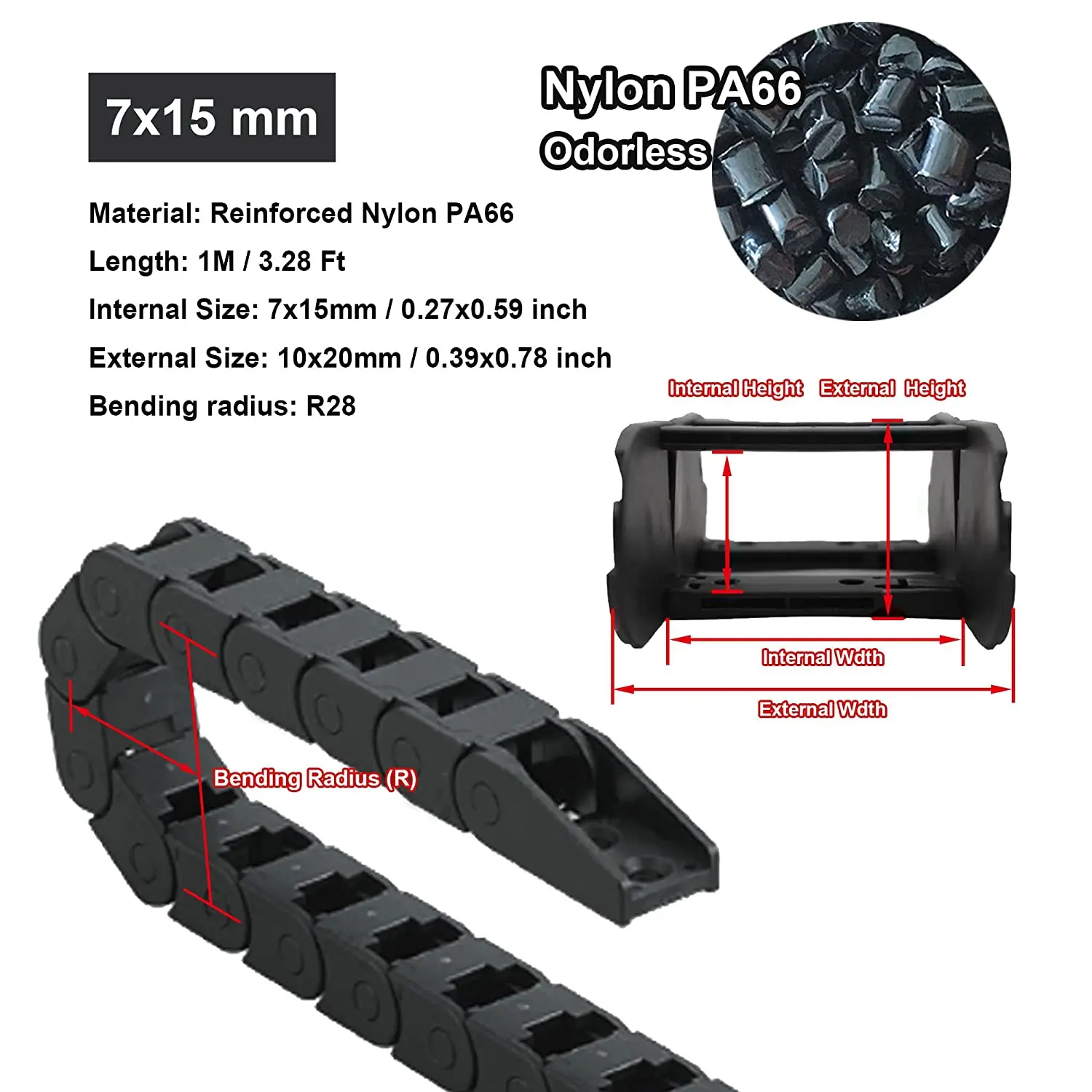 7x15mm Łańcuch przeciągania kabli typu zamkniętego Plastikowe elastyczne łańcuchy nylonowe 1M ze złączami końcowymi do drukarki 3D Maszyna CNC — zdjęcie 5