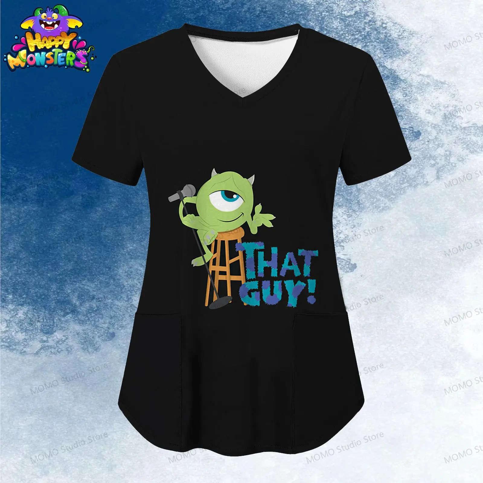 Pocket Women's V Neck Nurse Uniform T-Shirt Disney Monsters Inc. Tops Leisure Summer Woman Clothes 2024 Y2k Kawaii S-2XL 2024