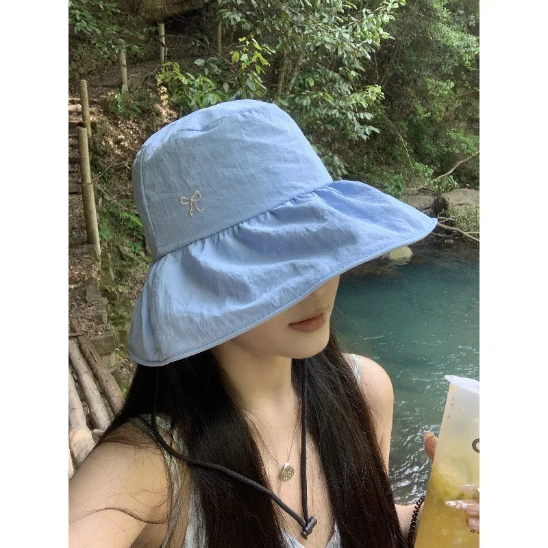 Summer Sea Blue~Bow Fisherman Hat Women2024New Sunscreen Shade Face Small Outdoor Leisure Bucket Hat