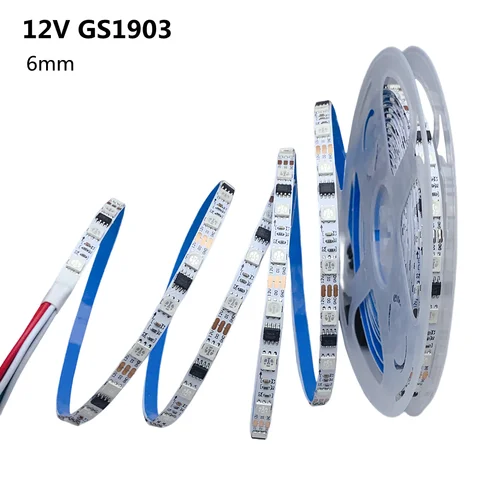 GS1903 Pixel LED Strip 6mm Width 5m 60Leds/m SMD 5050 RGB Smart WS2811 Dream Color Addressable Light Tape 12V White PCB IP30