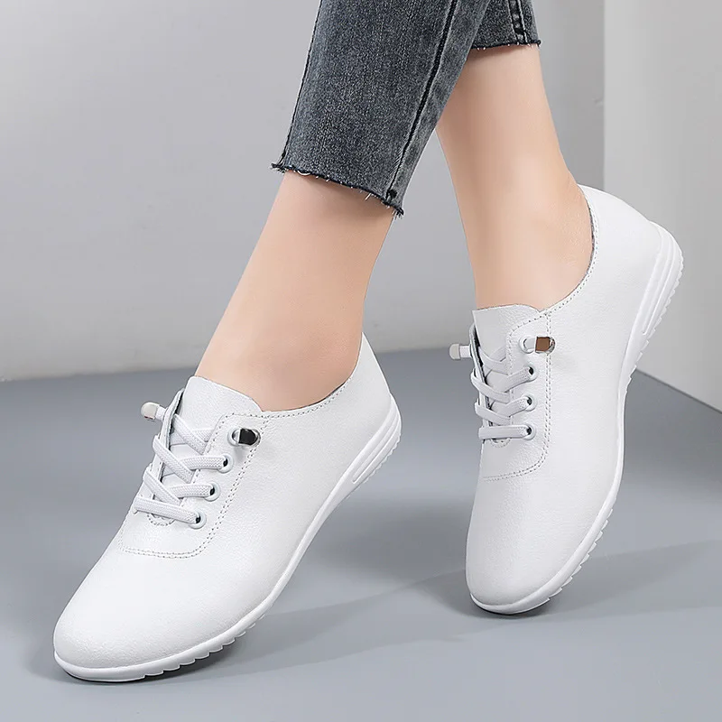 WOIZGIC Female Ladies Women\'s Genuine Leather Flats White Shoes Loafers Soft Moccasins Lace Up Comfortable Footwear