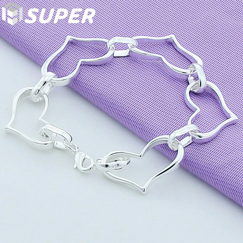 

925 Sterling Silver Heart-Shaped Bracelet Fit European Clasp 20cm Long Silver Charm Women Jewelry