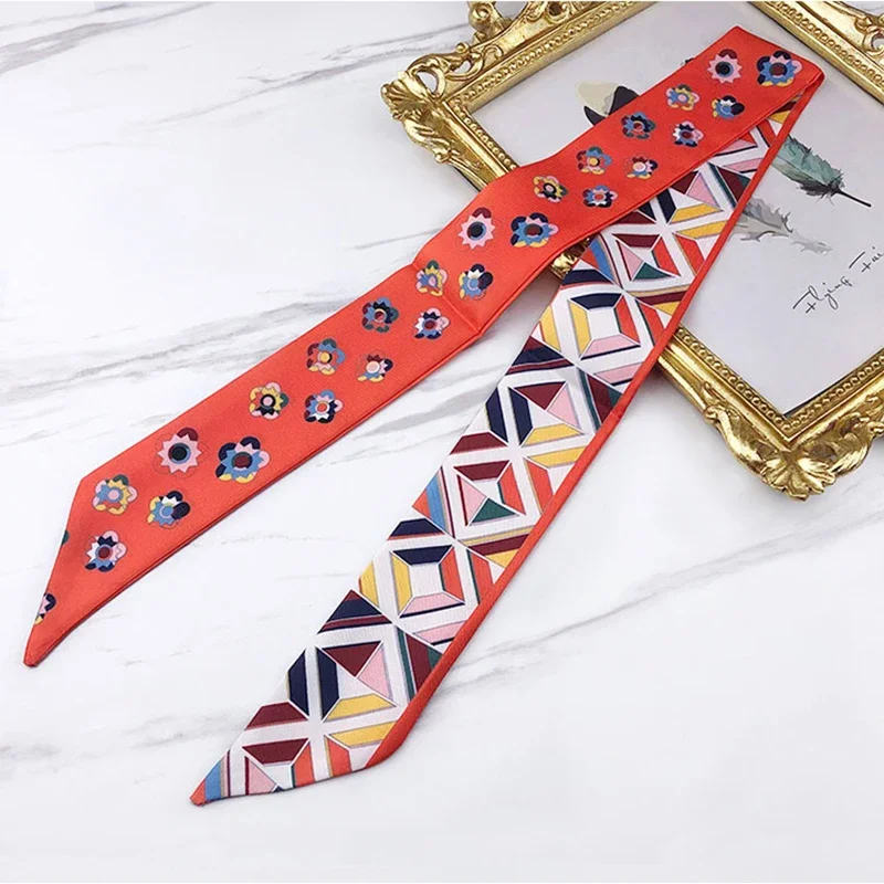 2026 Spring Border New Geometric Diamond Small Flowers Women's Decorative Small Silk Scarf Bundle Bag Handle Ribbon Small Scarf image 3
