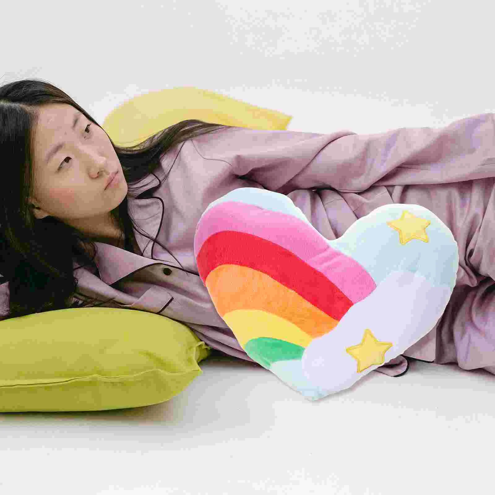 1PC Rainbow Heart-shaped Throw Pillow Plush Heart-shaped Bolster Lovely Heart Shape Pillow Cushion Creative Gift Supplies for