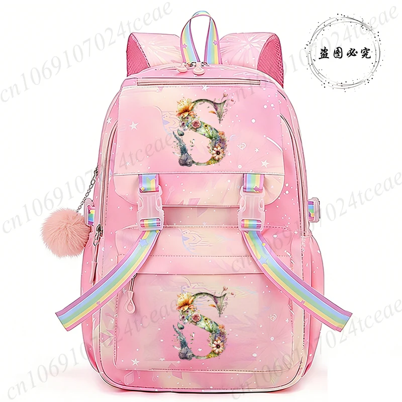 

Floral Monogram Initial Wildflowers Design Backpack Kawaii Schoolbag Large Daypack Teenager Girls Back To School Backpack Bags