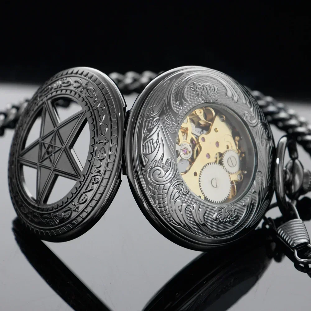 

Ретро антикварные черные стимпанк Роскошные часы с ручным заводом и римскими цифрами, цепочка с подвеской, механические карманные часы для мужчин PJX1640