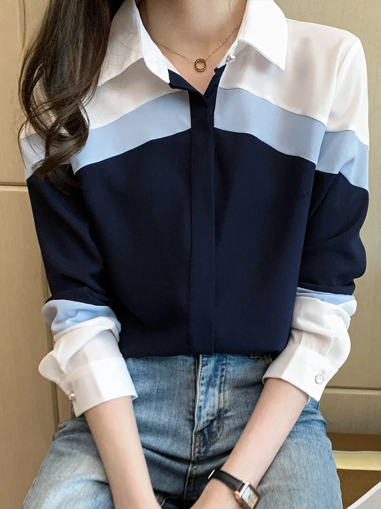 

Новые осенние женские винтажные контрастные женские топы, шифоновая повседневная блузка с длинным рукавом, женские рабочие офисные рубашки
