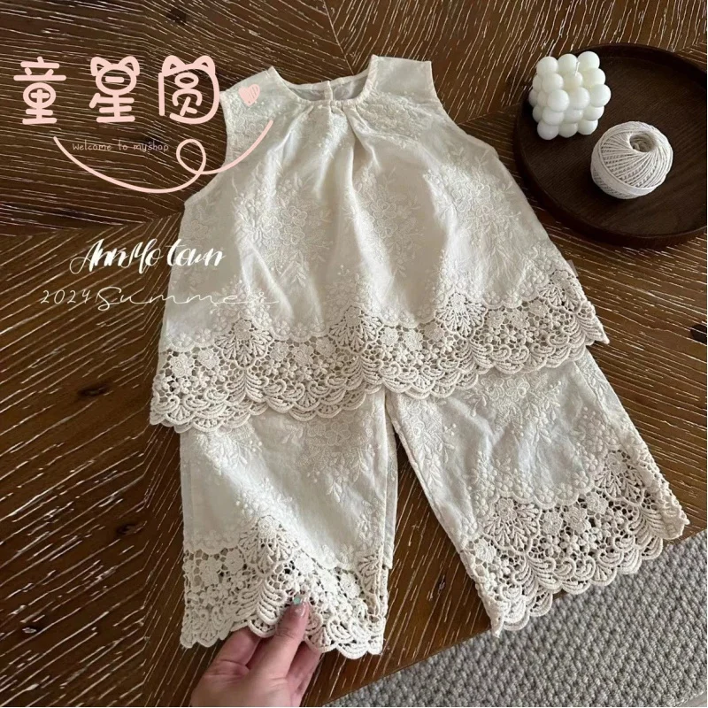 

Internet Celebrity Girls Suit Fashionable New Children's Clothing Summer Clothes Baby Fashionable Lace Sleeveless Two-Piece Suit