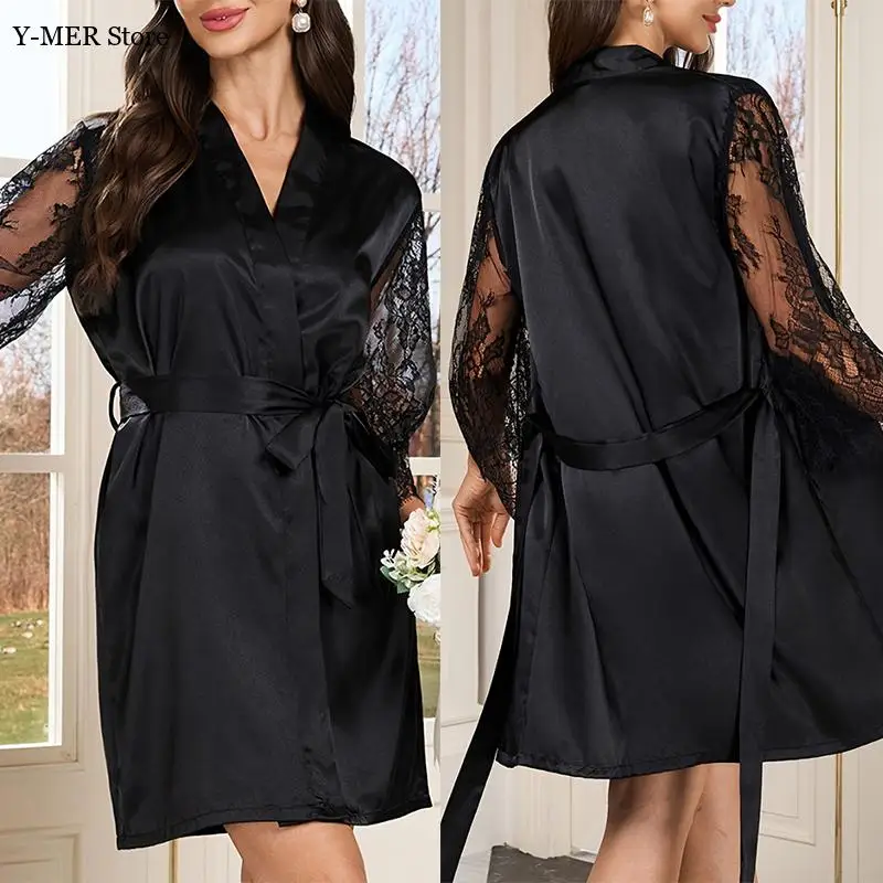 

Short Kimono Gown Women Satin Nightdress Sexy Lace Sleeve Bathrobe Summer Autumn Bride Wedding Dress Sleepweawr Loungewear