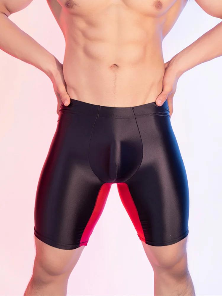 Sexy Men U Bulge Pouch Boxer Oil Glossy Shiny Satin Smooth Fitness Shorts Patchwork Breathable Elastic Pants Bottom Wear