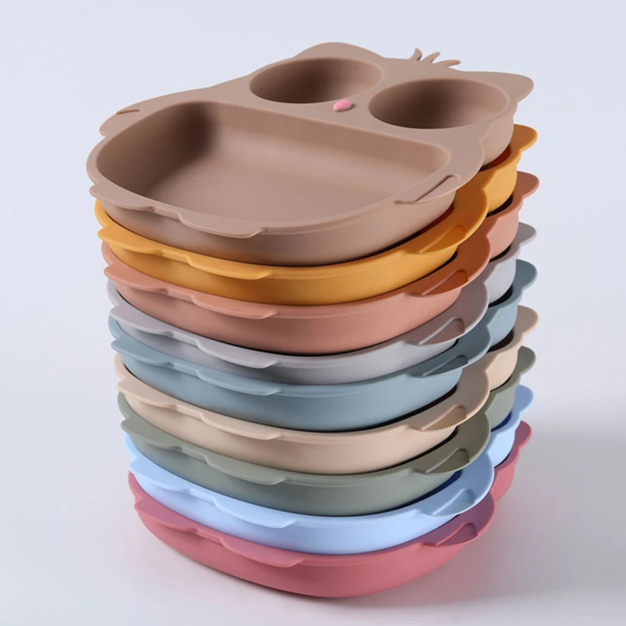 Silicone Children's Tableware Suction Cup Cartoon Owl Plate Silicone Baby Bowls and Plates Children's Training Eating Auxiliary