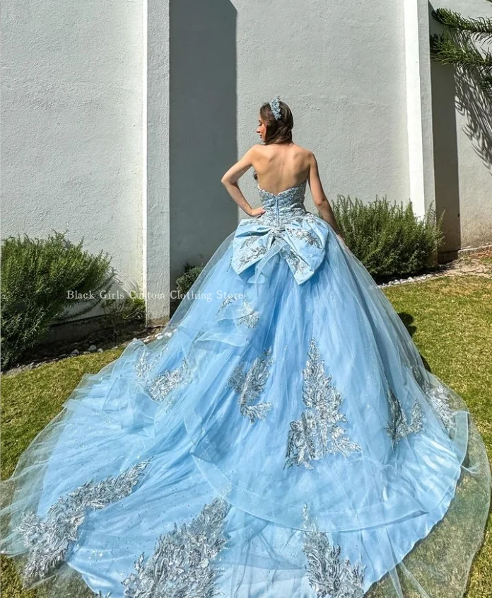 Sky Blue Princess Quinceanera Dress For Women Sparkling Sweetheart Bustier Beaded Boning Corset Lace Trim xv year old dress