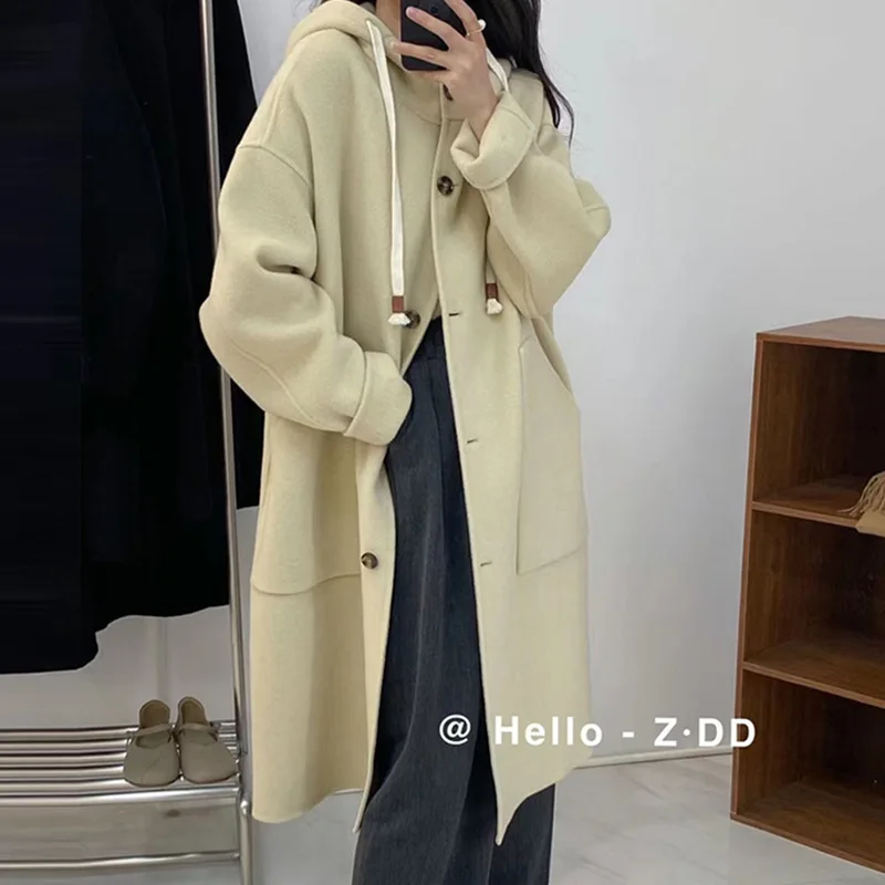 High end 20 cashmere coat for women, medium to long, 2024 new loose casual hooded drawstring double-sided woolen coat, trendy