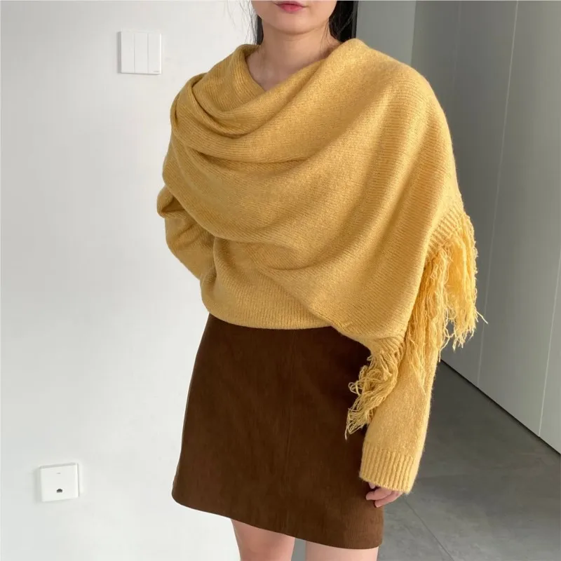 Johnature Fashion V-neck Sweater Scarf Two-piece Set Autumn Winter Tassel Warm Knit Shawl Casual Two-piece Sweaters 2024 New