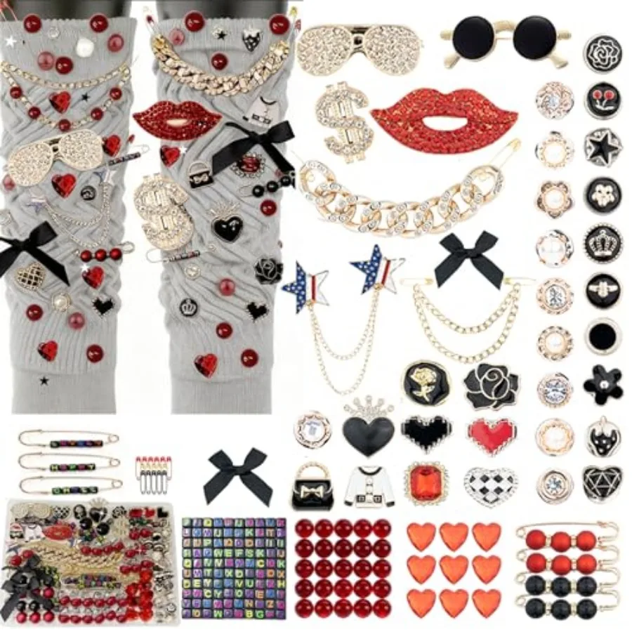 

Junk Socks Charms Kit Red Black, 95 Pcs Shoes Charm for Sneakers, Brooches and Pin for Women with Letter, Safety Hat Pin for Wo
