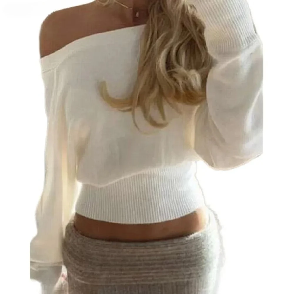 

2025 Autumn Women Ivory white Knitted Single Off Shoulder Sweater Knitwear Slim Rib Hem Full Sleeve Jumper High Waist Knitwear