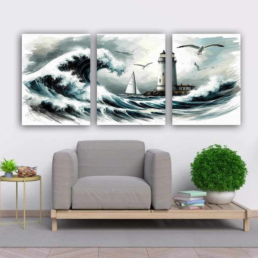 Fullcang Wave Lighthouse Seagull Diy Diamond Art For Adults Painting Triptych Scenery Full Mosaic Embroidery Picture 3Pcs/set