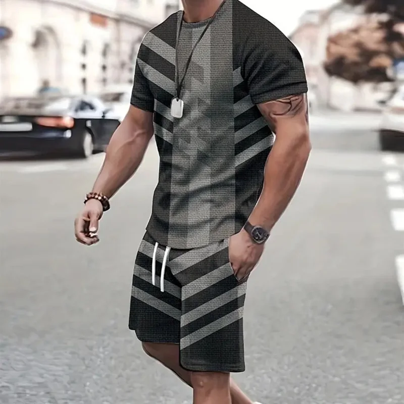 Roupa esportiva de manga curta estampada masculina, shorts casuais ao ar livre, absorvente de suor, confortável, verão, 2 conjuntos, 2024