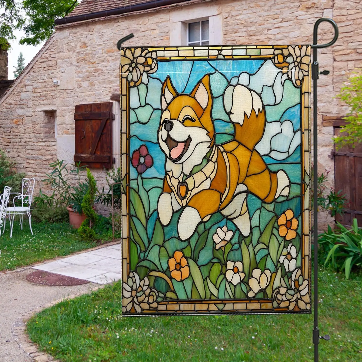 Spring Shiba Inu Dog Garden Flags 12x18 Inch Double Sided for Outside, Fun Puppy Stained Glass Standard Vertical Canvas Hous uui