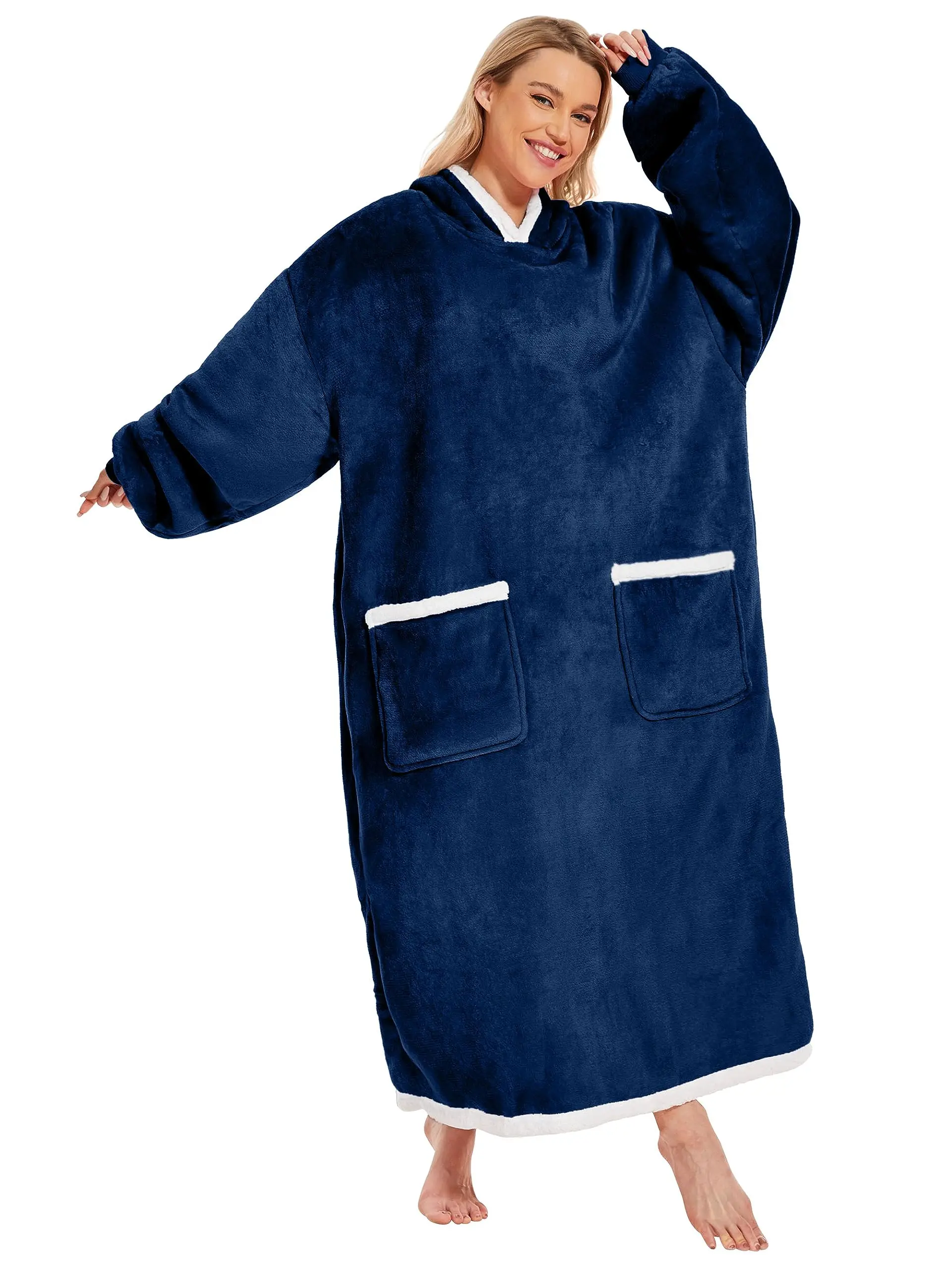 Long Hooded Wearable Blanket, Oversized Sherpa Lined Hoodie Blanket with Big Pockets, Extra Long Flannel Wearable Robe Blanket